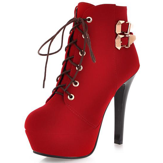 Winter Round Toe Stiletto High Heel Lace Up Short Buckle Red Suede ...
