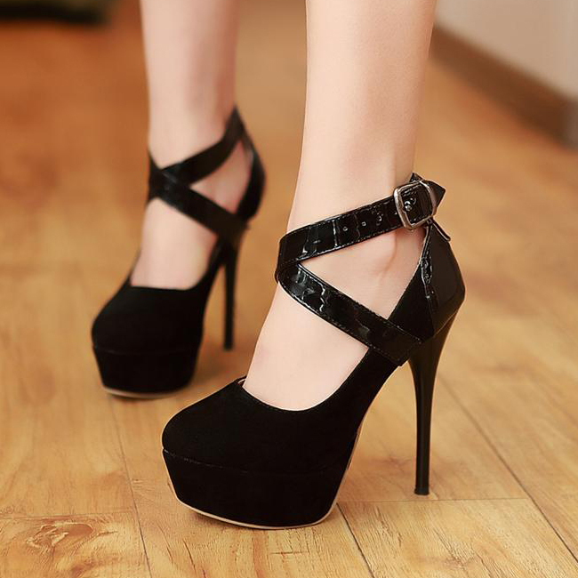 Fashion Round Closed Toe Stiletto High Heels Black PU Mary Jane Pumps ...