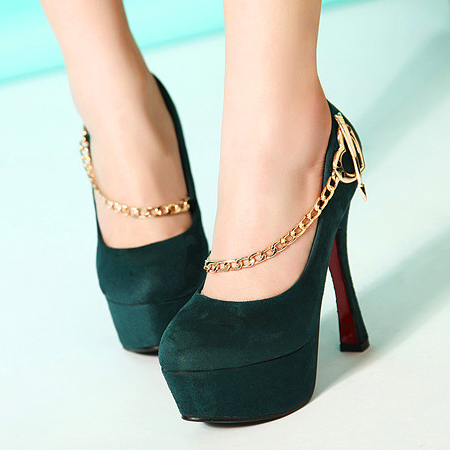 Fashion Mary Jane Round Closed Toe Chunky High Heel Green Suede Pumps ...