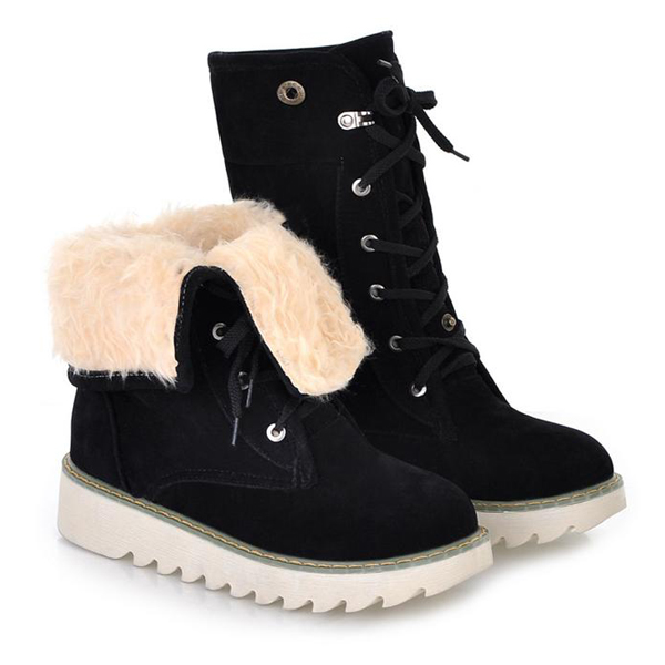 Winter Round Toe Wedge Low Heel Lace Up Black Suede Short Snow Boots ...