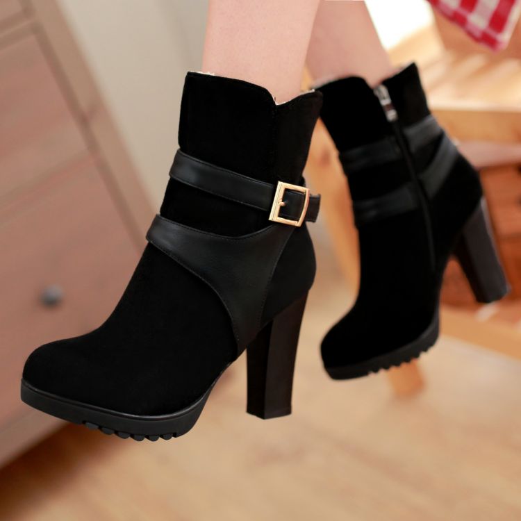 Winter Round Toe Chunk High Heel Zipper Ankle Buckle Black PU Martens ...