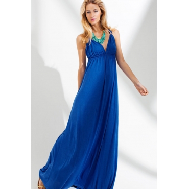 Sexy V Neck Tank Sleeveless A Line Ankle Length Blue Polyester Dress ...