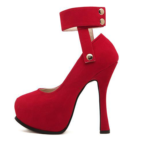 red platform pumps with ankle strap