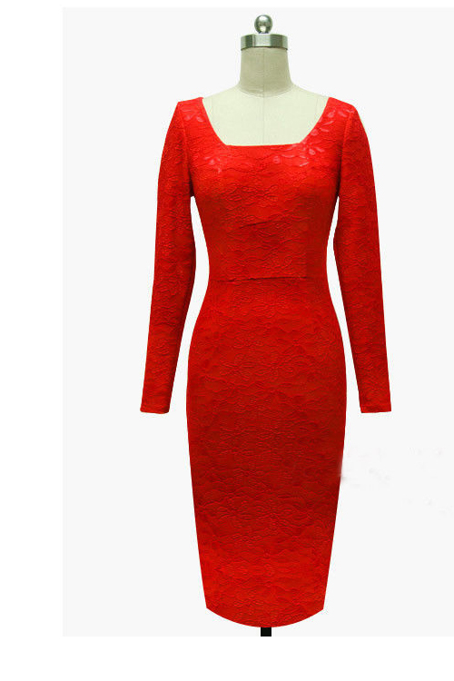 Cheap Fashion Dress Long Sleeve O Neck Lace Pencil Dress