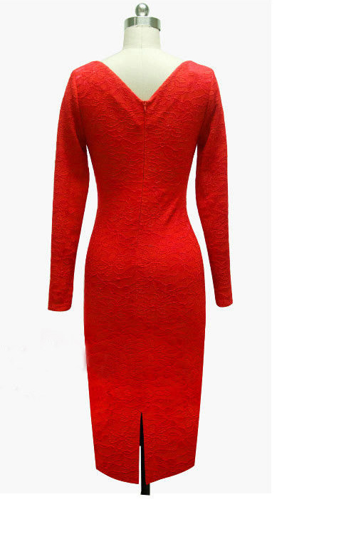 Long sleeve red lace sheath dress shirt los