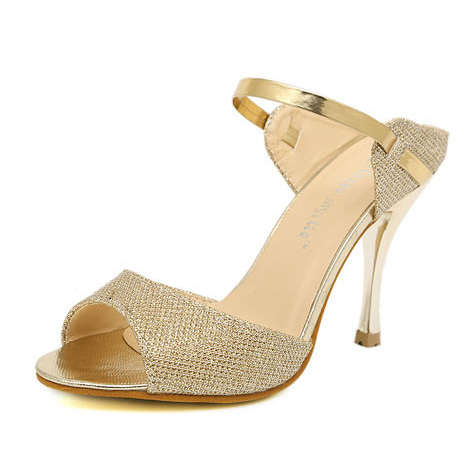 Fashion Round Toe Peep Stiletto High Heel Slides Gold PU Sandals ...