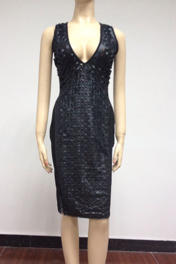 Sexy V Neck Tank Sheath Black Polyester Mini Dress_Dresses_LovelyWholesale Wholesale Shoes