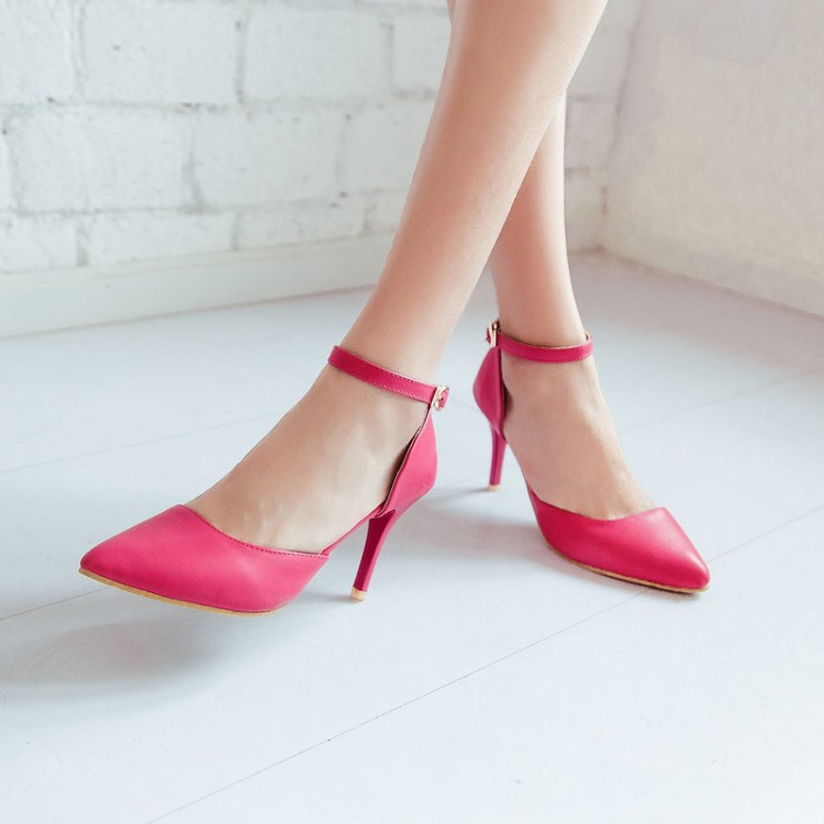 red leather pumps with ankle strap