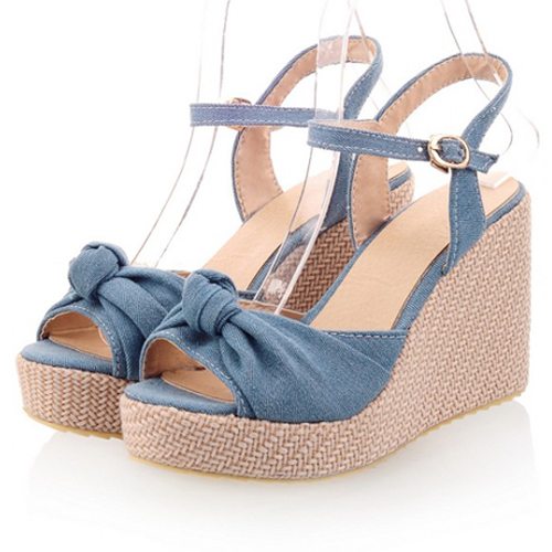 Fashion Peep Toe Bow-tie Designed Wedge Super High Heel Light Blue PU ...