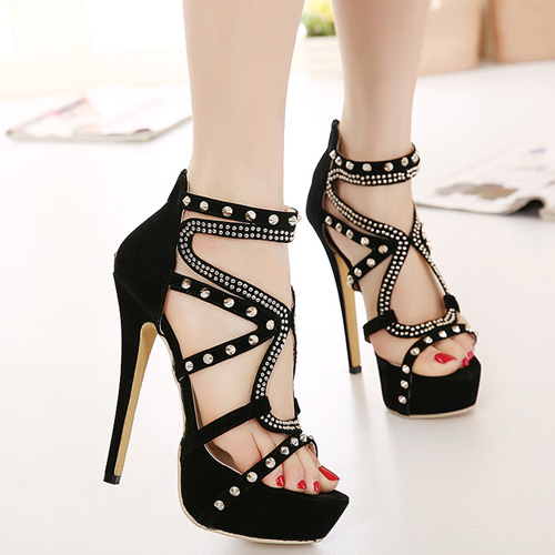 Fashion Peep Toe Rivets Decorated Stiletto Super High Heel Black PU ...