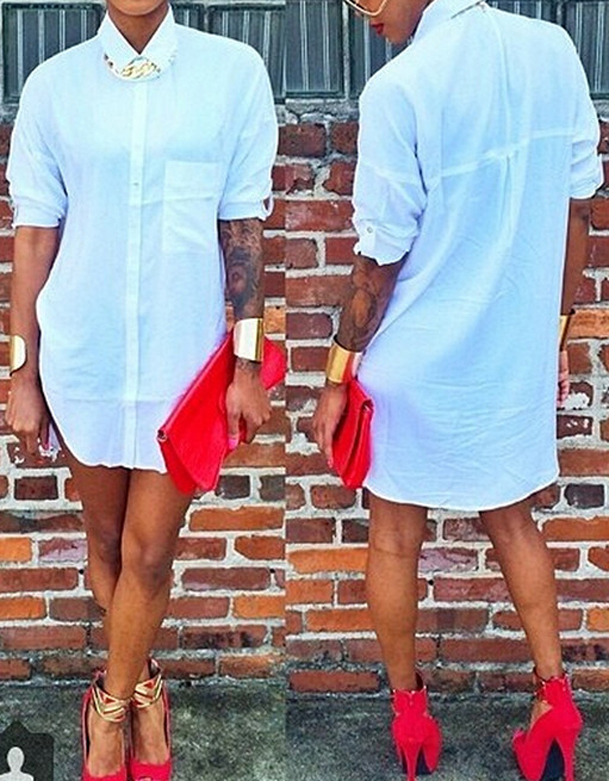 casual turndown collar drawstring white mini dress