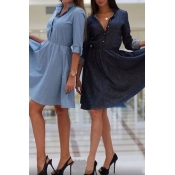Fashion Turndown Collar Half Sleeves Blue Polyeste