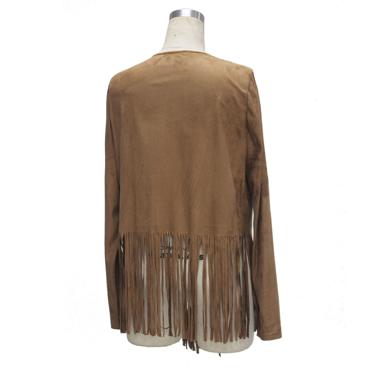 Fashion O Neck Long Sleeves Tassels Design Brown Polyester Regular Jacket_Coat&Jacket_Outerwear