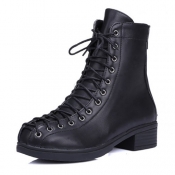 Spring Autumn Fashion Round Toe Lace-up Chunky Mid