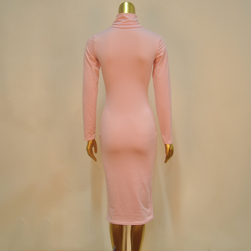 Sexy Turtleneck Long Sleeves Pink Blending Sheath Knee Length Dress
