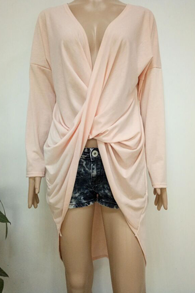 Sexy V Neck Long Sleeves Asymmetrical Pink Polyester Dress от Lovelywholesale WW