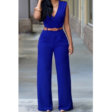 Fashion V Neck Sleeveless Solid Blue Nylon One-piece Regular Jumpsuit ...