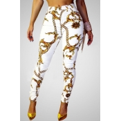 Trendy Mid Waist Print White Skinny Pants
