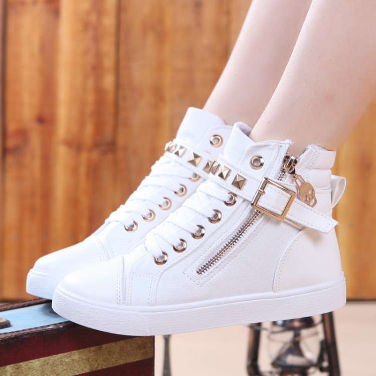 Fashion Round Closed Toe Patchwork Buckle Belt Rivets Decorated Lace-up ...