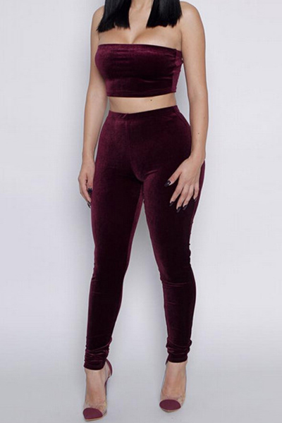 Solid Color Bateau Neck Sleeveless Wine Red Two-piece Pants Set от Lovelywholesale WW