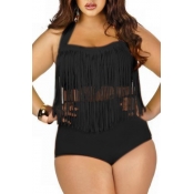 Sexy Plus Size Front Tassels Embellished Black Swi