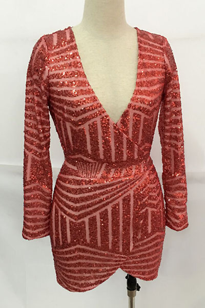 Sexy V Neck Long Sleeves Sequins Asymmetrical Red Sheath Mini Dressdresseslovelywholesale 2044