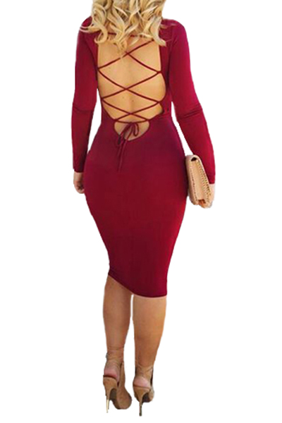 Fashion O Neck Long Sleeves Backless Red Spandex Sheath Knee Length ...