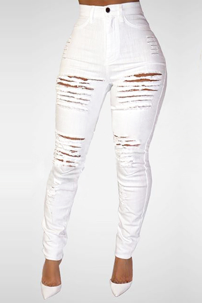 White High Waist Denim Skinny Jeans Trendy Broken Holes