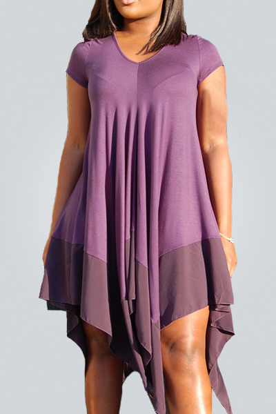 round neck short sleeve elastic waist asymmetrical hem casual dresses