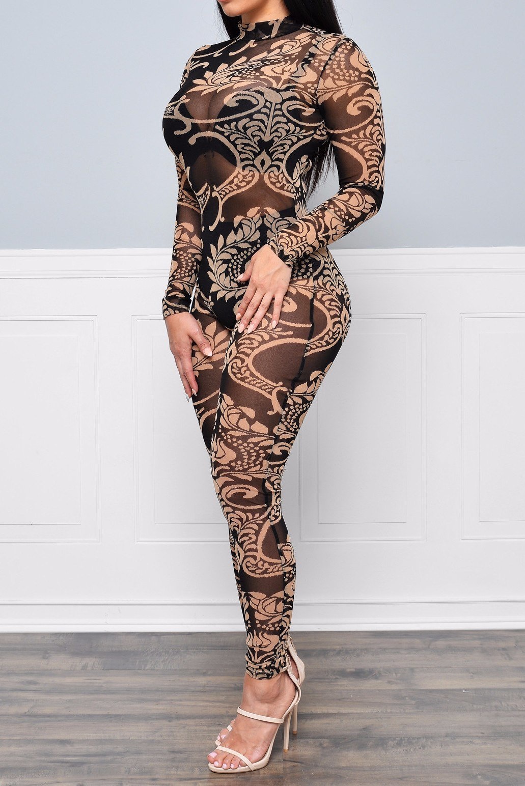 Sexy Round Neck Long Sleeves Clairvoyant Print Polyester Onepiece