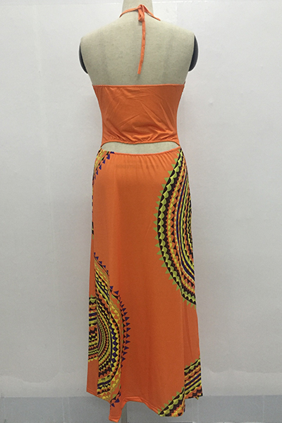 Trendy Halter O Neck Spaghetti Strap Sleeveless Printed Hollow-out Nylon Sheath Ankle Length ...