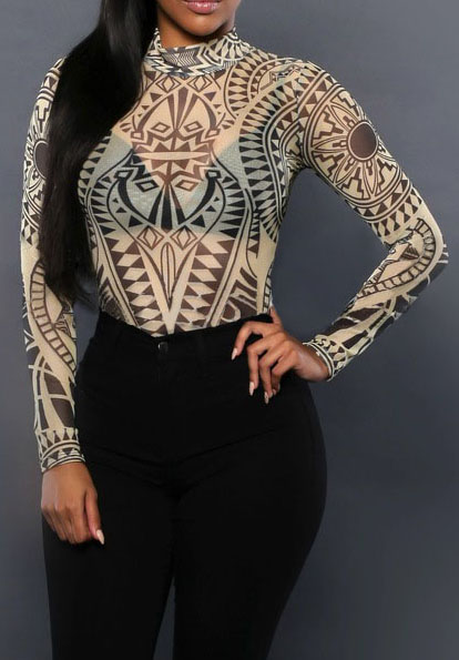 Round Neck See Through Printed One Piece