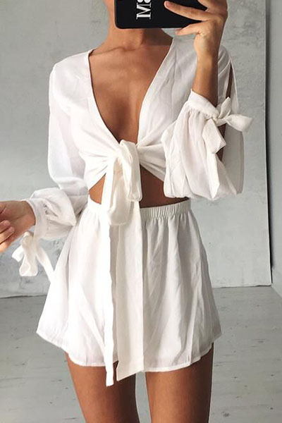 Sexy V Neck Three Quarter Sleeves Hollow-out White Linen Two-piece ...