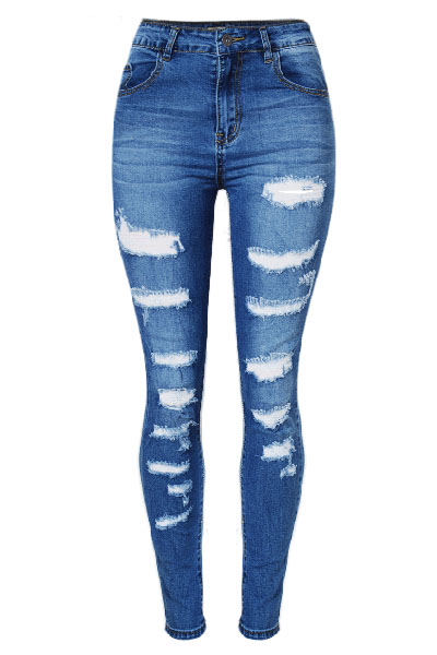 Stylish High Waist Multi Holes Design Blue Denim Skinny Pants_Jeans ...