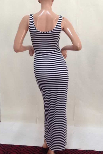 Leisure Round Neck Sleeveless Striped Cotton Blend Ankle Length Dress ...