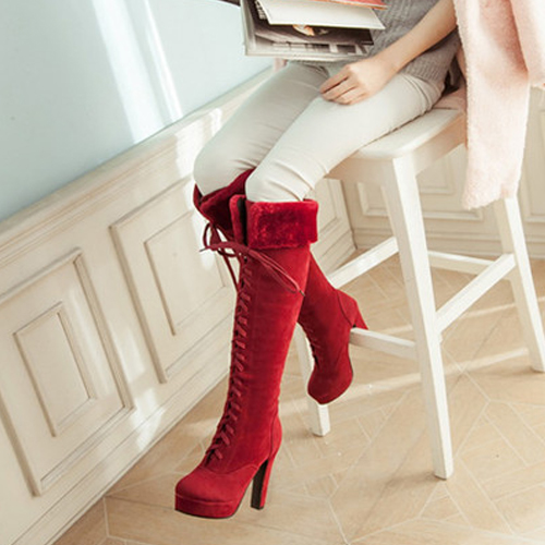 Stylish Round Toe Cross Lace-up Chunky Super High Heel Red Suede ...