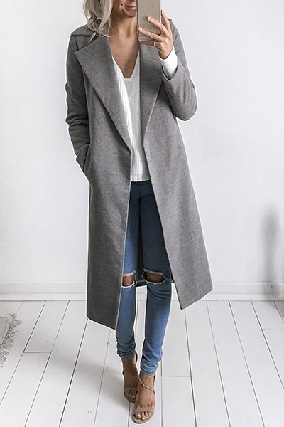 Trendy Turndown Collar Long Sleeves Grey Trench Coats_Wool&Blends ...