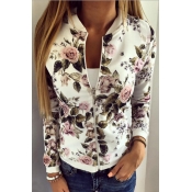Stylish Round Neck Long Sleeves Floral Print White