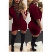Sexy Deep V Neck Half Sleeves Hollow-out Wine Red 