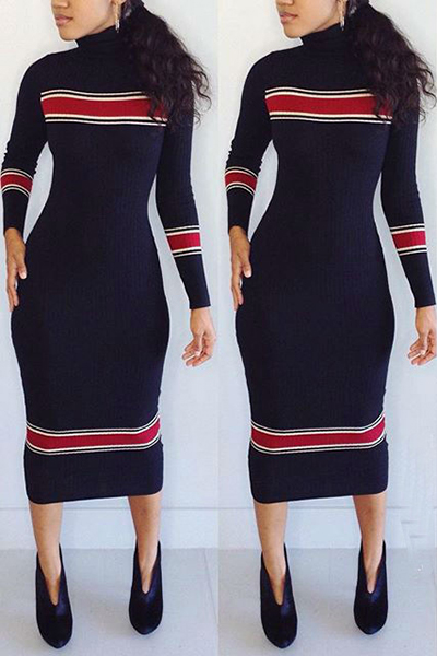 Euramerican Turtleneck Long Sleeves Patchwork Black Blending Mid Calf Dress