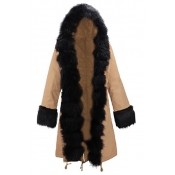 Euramerican Hooded Long Sleeves Fur Design Khaki C