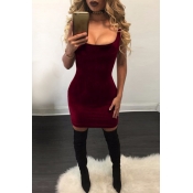 Sexy Square Collar Sleeveless Backless Wine Red Ve