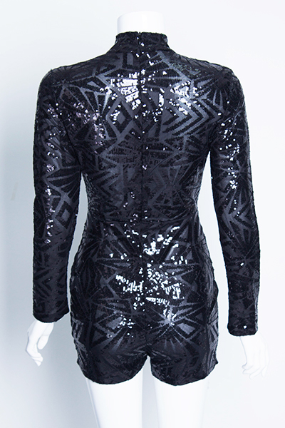 Stylish O Neck Long Sleeves Sequins Design Black Cotton Blend One-piece Jumpsuit от Lovelywholesale WW