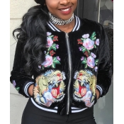 Fashion Round Neck Long Sleeves Embroidery Black V