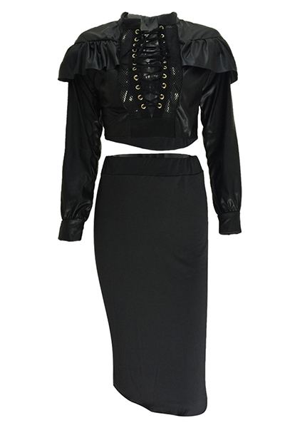 Sexy Mandarin Collar Long Sleeves Hollow-out Black Qmilch Two-piece Skirt Set от Lovelywholesale WW