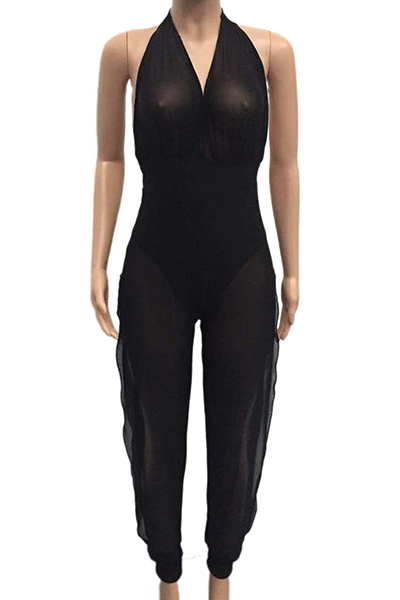 SEBOWEL Women's Rhinestone Studded Mesh Bodysuit – Long Sleeve, See-Through Jumpsuit Romper (Black, Size L)