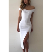 Polyester Sexy Bateau Neck Off The Shoulder Mid Ca