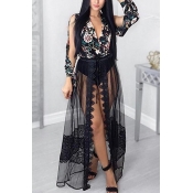 Black Chiffon Skirt Print V Neck Long Sleeve Sexy 