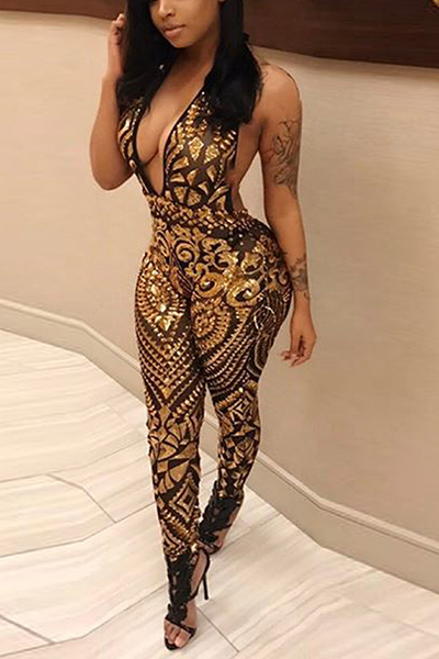 

LovelySexy Deep V Neck Sleeveless Backless Gold Sequined One-piece Skinny Jumpsuits