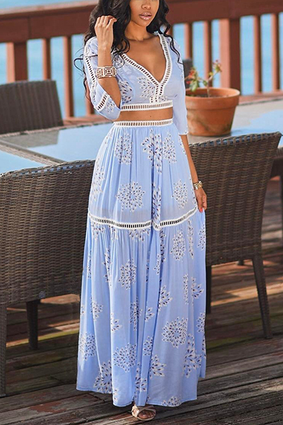 Blue Polyester Skirt Print V Neck Three Quarter Sexy Two Pieces от Lovelywholesale WW